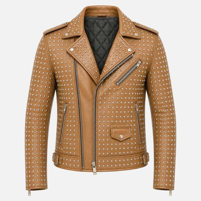 New men’s brown studded leather biker jacket with silver stud detailing and punk rocker style