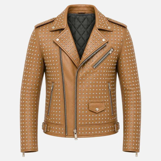 New men’s brown studded leather biker jacket with silver stud detailing and punk rocker style