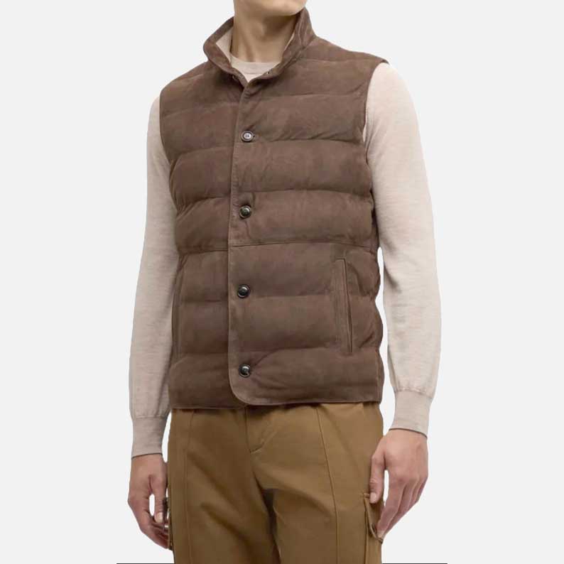 New men brown suede leather vest in premium lambskin for sale at Glory Store US