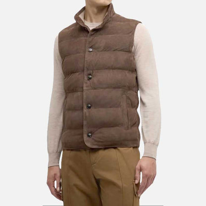 New men brown suede leather vest in premium lambskin for sale at Glory Store US