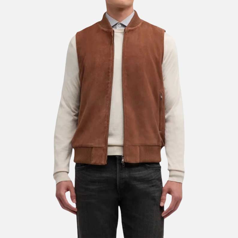 New camel suede leather vest with ribbed baseball collar for men by Glory Store US