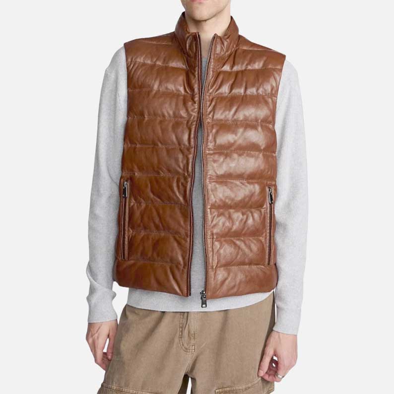 New men cognac leather puffer vest in premium lambskin for sale