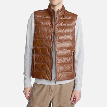 New men cognac leather puffer vest in premium lambskin for sale