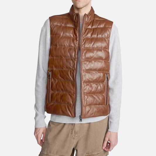 New men cognac leather puffer vest in premium lambskin for sale