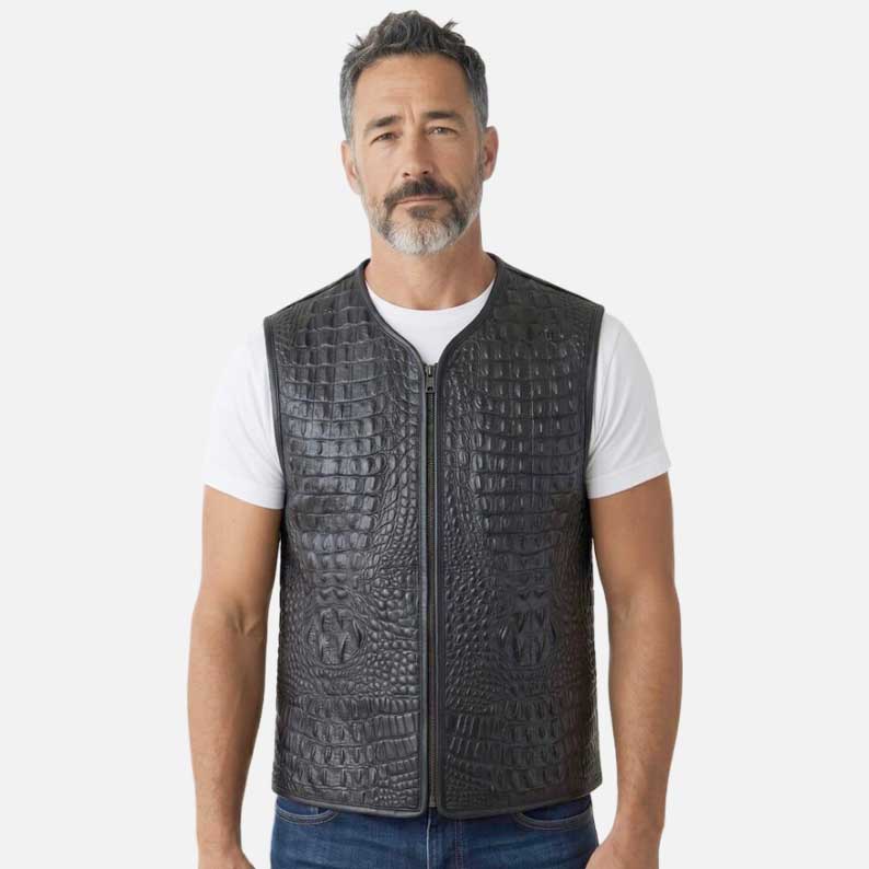 New crocodile embossed leather vest for sale in black sheep leather by Glory Store US