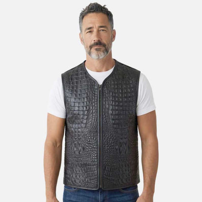 New crocodile embossed leather vest for sale in black sheep leather by Glory Store US