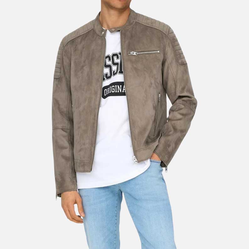 New grey suede leather jacket for men made from premium lambskin suede