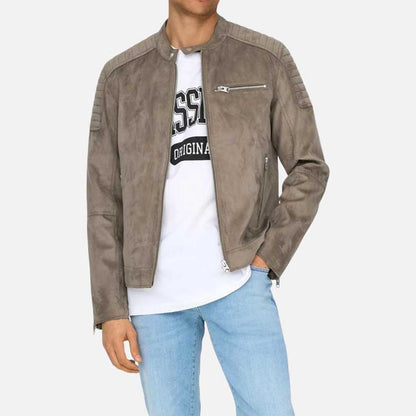 New grey suede leather jacket for men made from premium lambskin suede