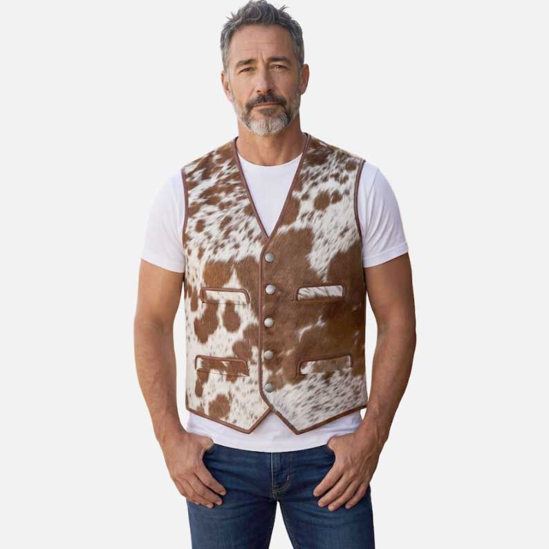 New hair on cowhide leather vest for sale in brown and white western style by Glory Store US