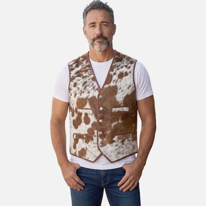 New hair on cowhide leather vest for sale in brown and white western style by Glory Store US