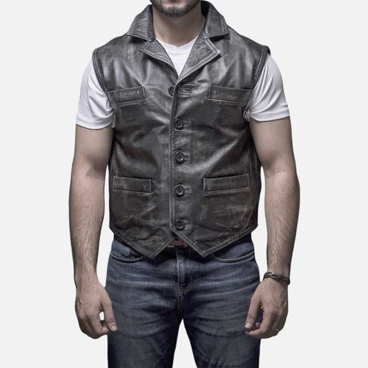 New Hell on Wheels leather vest for sale in distressed black lambskin by Glory Store US