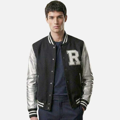 New luxury black wool varsity bomber jacket with silver leather sleeve by Glory Store US