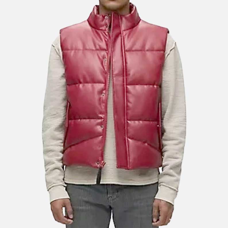 New quilted maroon leather puffer vest for men made from premium lambskin