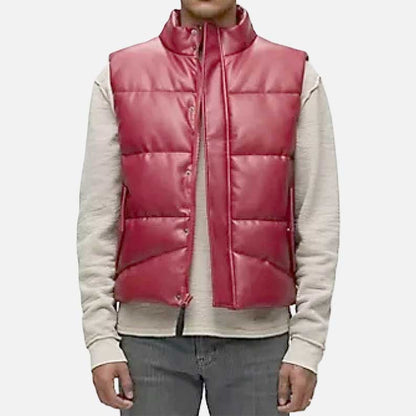 New quilted maroon leather puffer vest for men made from premium lambskin