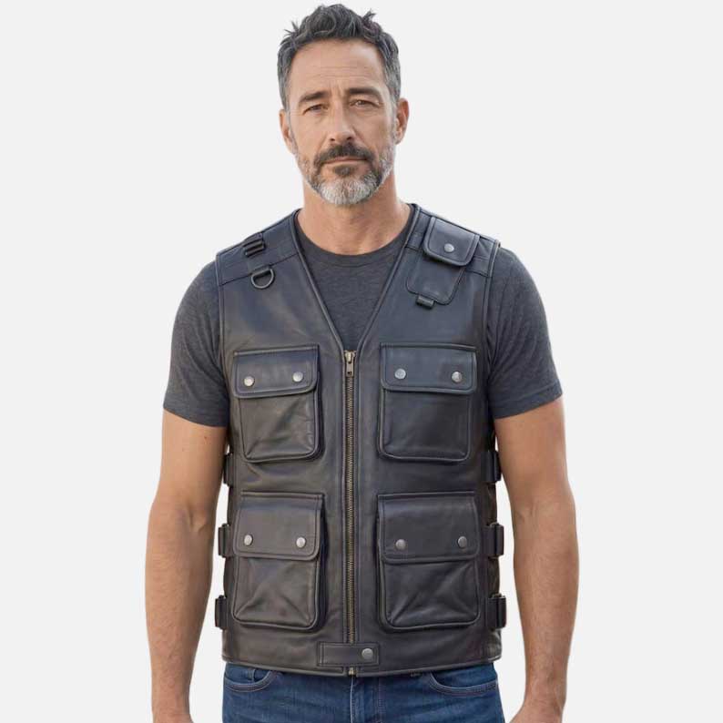 New men black leather utility vest for sale in sheep leather by Glory Store US
