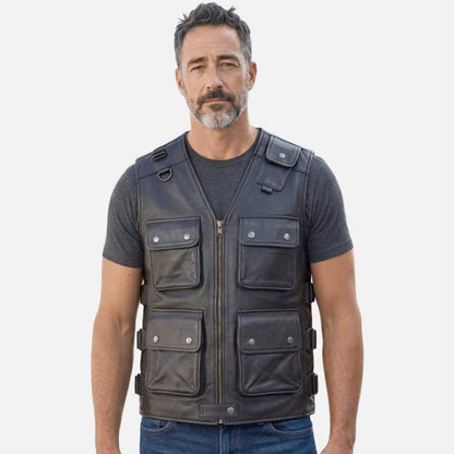 New men black leather utility vest for sale in sheep leather by Glory Store US