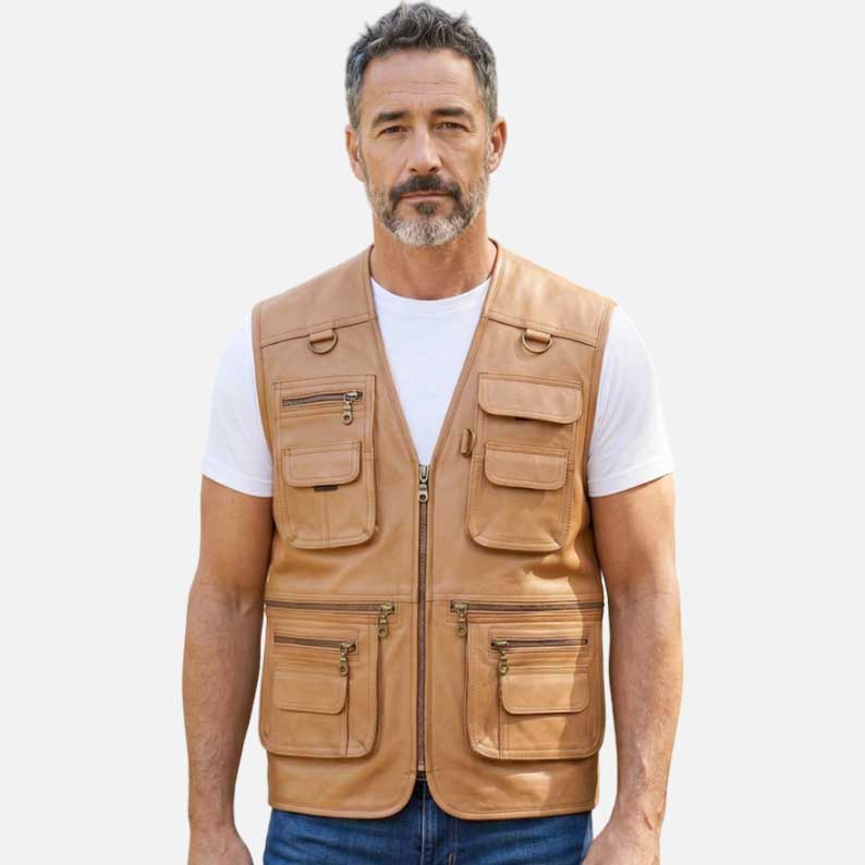 New men leather utility vest for sale in tan sheep leather by Glory Store US