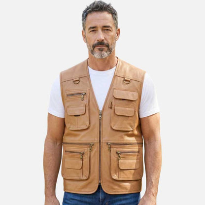 New men leather utility vest for sale in tan sheep leather by Glory Store US