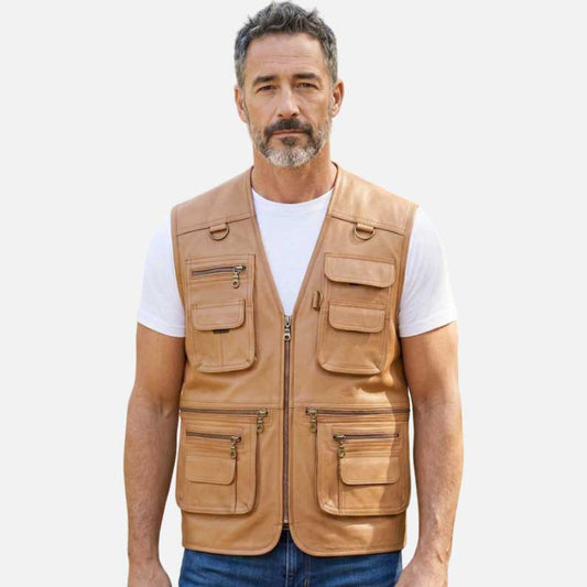New men leather utility vest for sale in tan sheep leather by Glory Store US