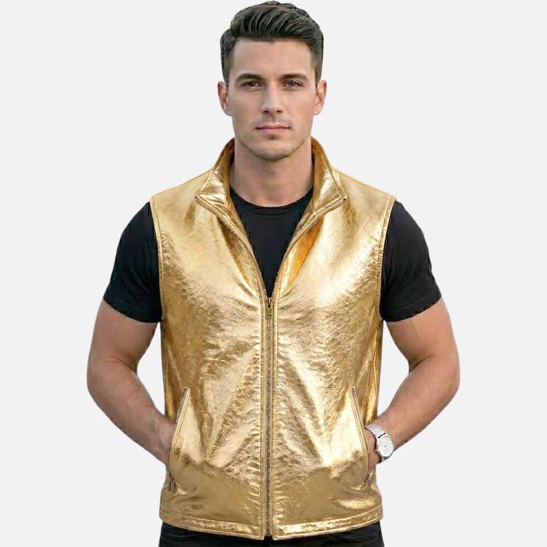 New metallic gold leather vest for men with zip front streetwear design
