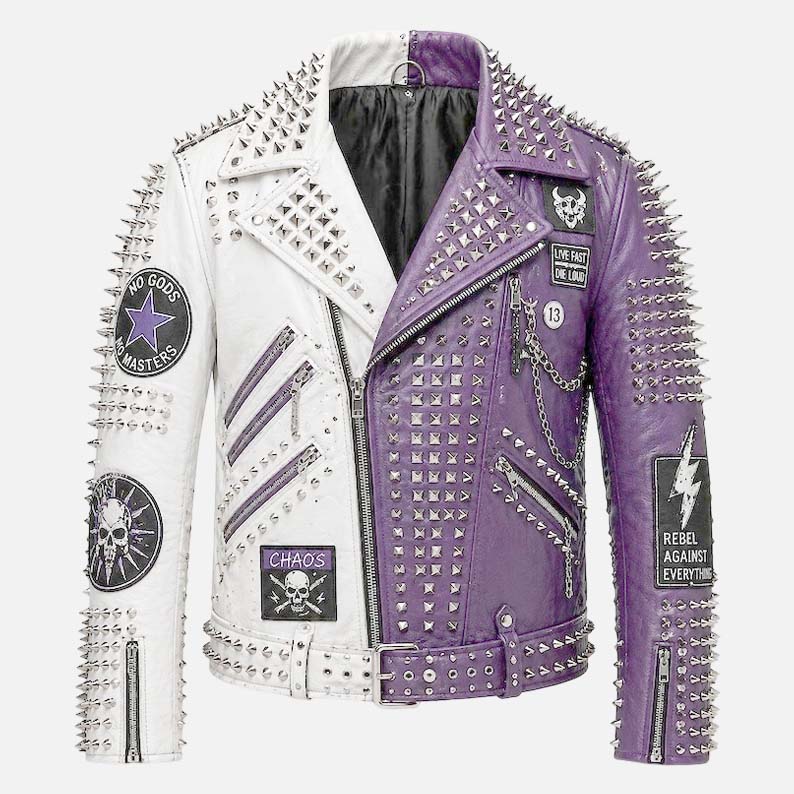 New men’s purple white studded leather biker jacket with silver spike punk moto styling by Glory Store US