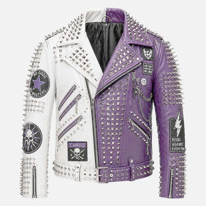 New men’s purple white studded leather biker jacket with silver spike punk moto styling by Glory Store US