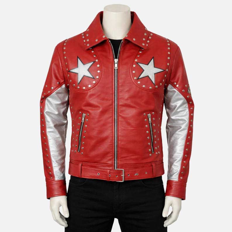 New Conan Gray inspired red biker leather jacket for sale made from real leather by Glory Store US
