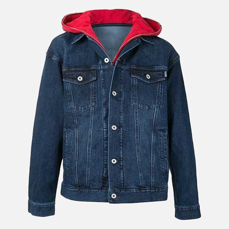 New red blue denim jacket for men with hooded collar and button up front closure