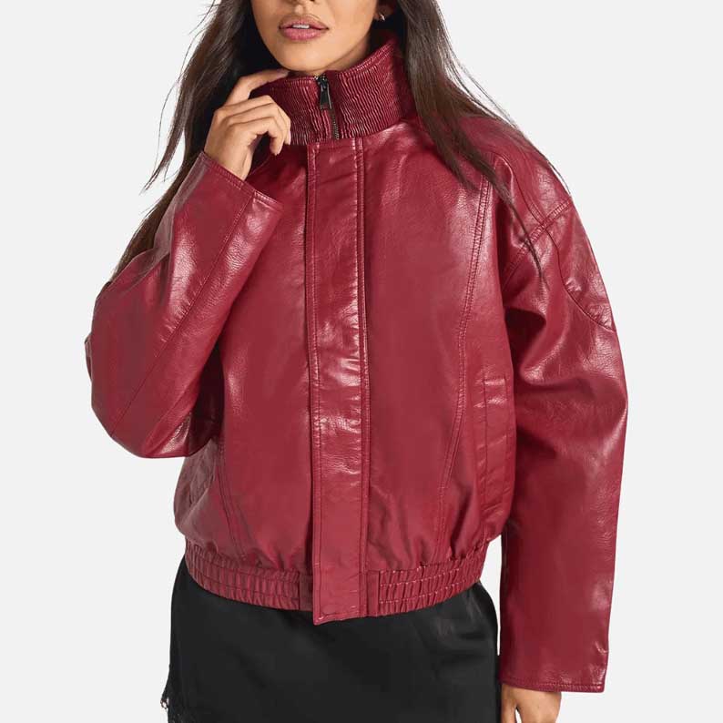 New red lambskin leather bomber jacket for women with funnel neck by Glory Store US