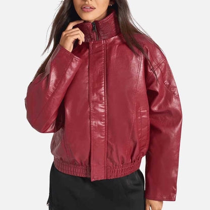 New red lambskin leather bomber jacket for women with funnel neck by Glory Store US