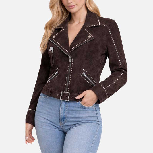 New studded suede leather jacket inspired by Bella Heathcote in Tulsa King available for sale at Glory Store US