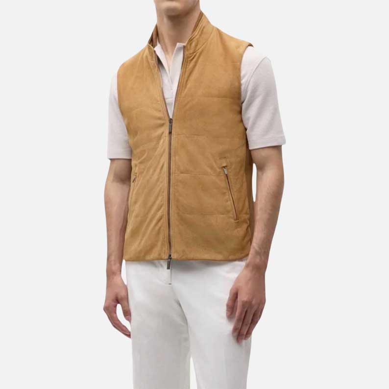 New tan suede leather vest with stand collar for men by Glory Store US