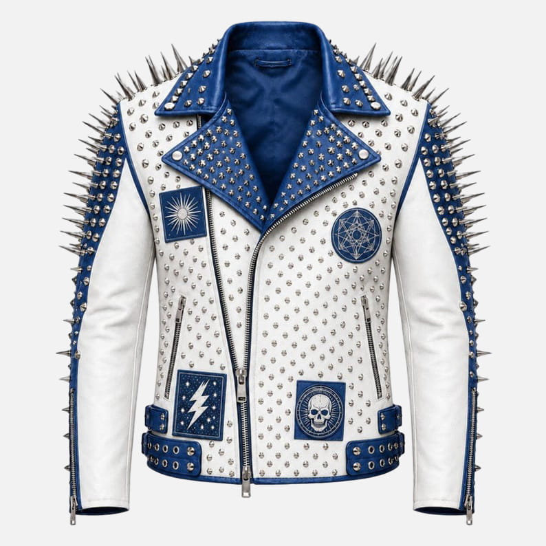 New men’s white and blue studded leather biker jacket with silver spikes and punk rocker style