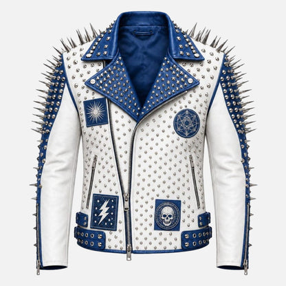 New men’s white and blue studded leather biker jacket with silver spikes and punk rocker style