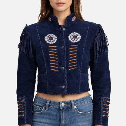 New women cropped suede jacket for sale in navy blue western fringe style by Glory Store US
