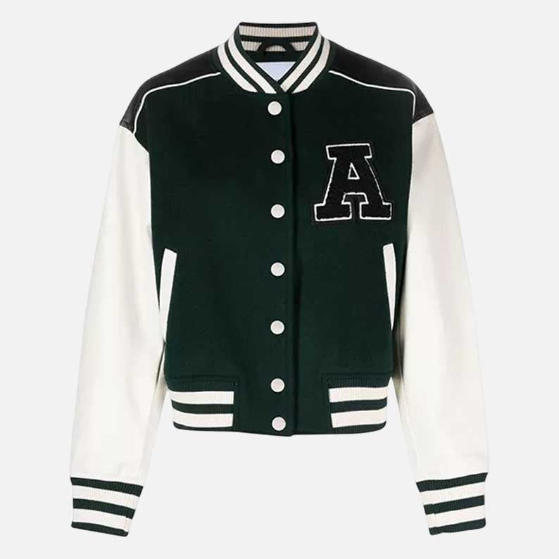 New women green and white varsity jacket for sale made from soft fleece