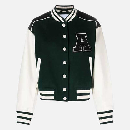 New women green and white varsity jacket for sale made from soft fleece