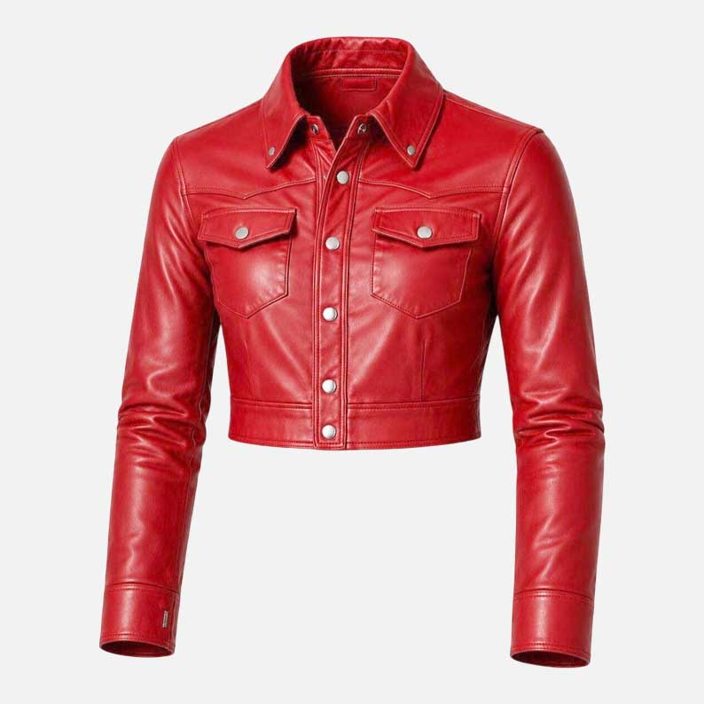 New women red cropped leather jacket for sale in slim western biker style by Glory Store US