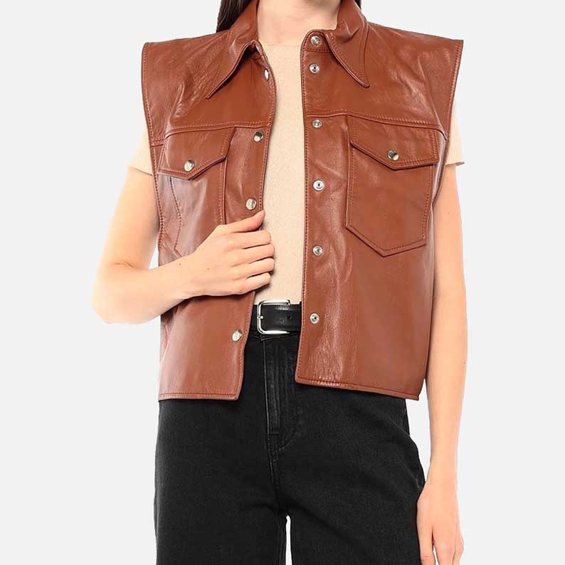 New women tan lambskin leather vest made from premium real leather
