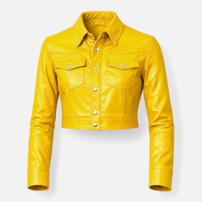 New women yellow cropped leather jacket for sale in slim fit trucker style by Glory Store US