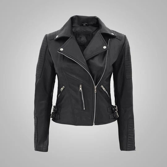 Nikki Roumel Black Leather Biker Jacket for Women