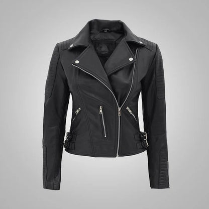Nikki Roumel Black Leather Biker Jacket for Women