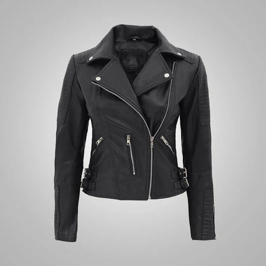 Nikki Roumel Black Leather Biker Jacket for Women
