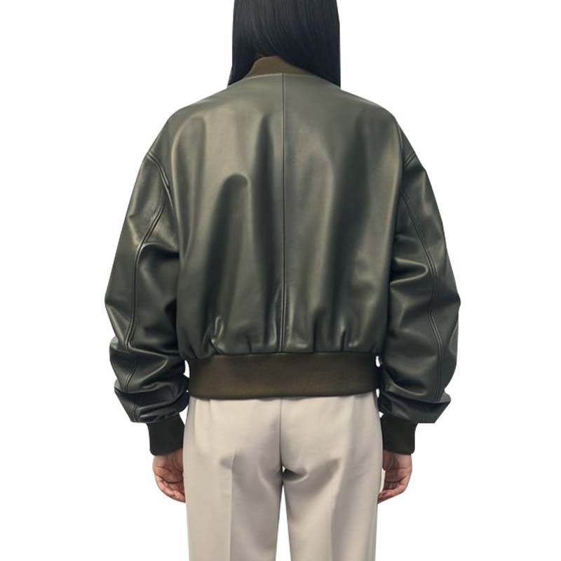 Women's Olive Green Leather Bomber Jacket with Ribbed Collar