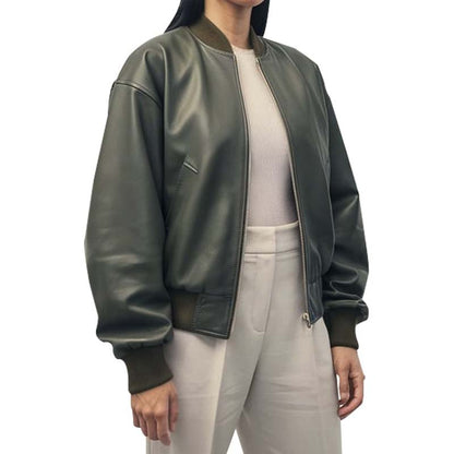 Women's Olive Green Leather Bomber Jacket with Ribbed Collar