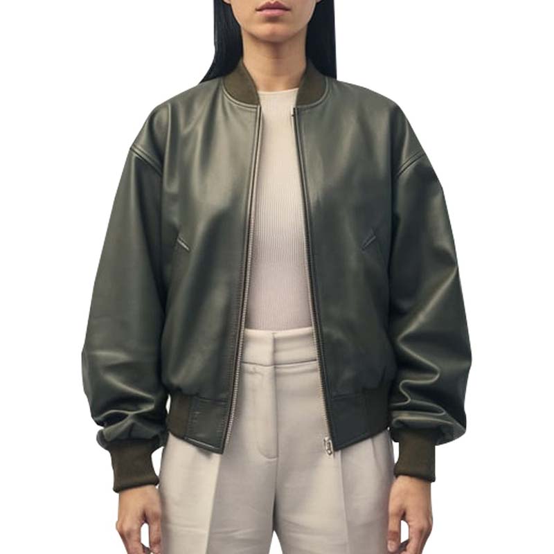 Women's Olive Green Leather Bomber Jacket with Ribbed Collar