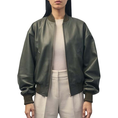 Women's Olive Green Leather Bomber Jacket with Ribbed Collar
