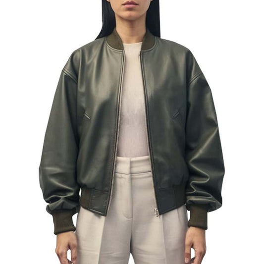 Women's Olive Green Leather Bomber Jacket with Ribbed Collar