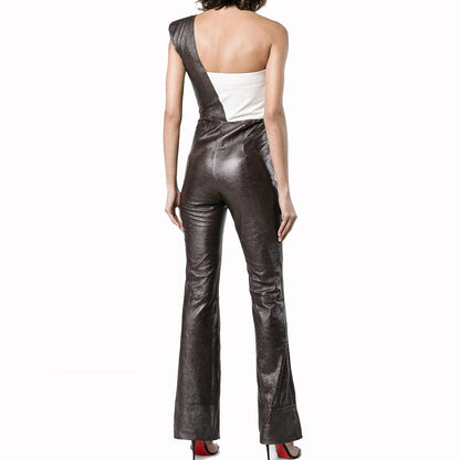 Women's Lambskin Leather Jumpsuit with One Shoulder Wide Leg Design
