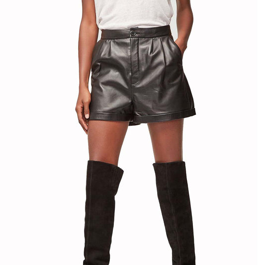 Women's Lambskin Leather Culotte Shorts with Pleated Front Design